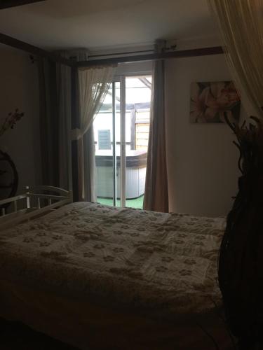 a bedroom with a bed and a large window at Appartement SAB in Issel