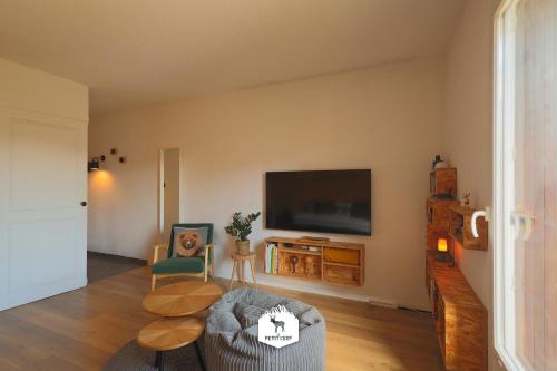 a living room with a couch and a tv at Le Petit Ours & Le Petit Cerf - Studios vue lac & montagnes in Les Angles