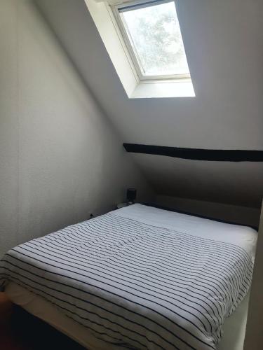 un lit dans une chambre avec une fenêtre dans l'établissement Chapeau Rouge - Appartement au cœur de la ville, à Dijon