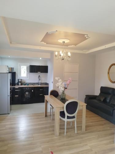 un salon avec une table et un canapé dans l'établissement Appartement dans Villa Borghese, à La Boisse