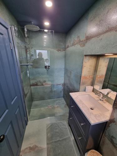 a bathroom with a shower and a sink at Rose Cottage Oulton Leeds in Leeds