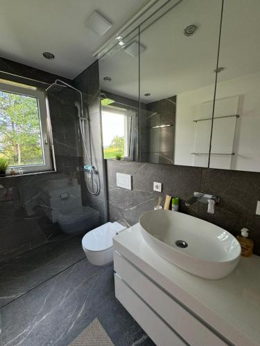 a bathroom with a sink and a toilet and a mirror at Ferienwohnung - Penthauswohnung Albblick, traumhafter Ausblick, ruhige Lage in Balingen