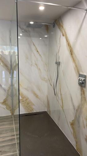 a bathroom with marble walls and a shower stall at Villa des Templiers - 20 min Brussels Airport in Wavre