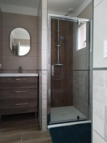 une salle de bain avec une douche avec un lavabo et un miroir dans l'établissement La Villa d Isa, à La Motte