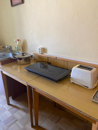 a counter with a toaster and a toaster on a table at Zámek Hošťálkovy in Hošťálkovy