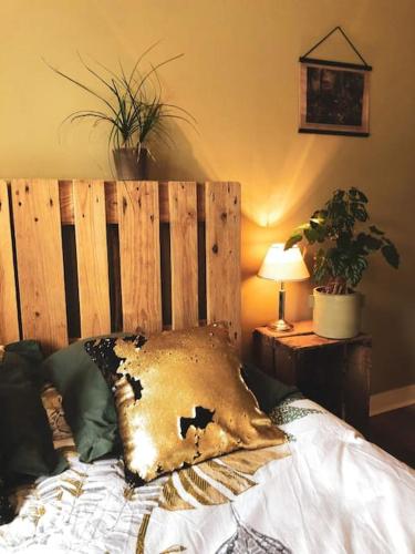 een bed met een houten hoofdeinde en een kussen erop bij Superbe appartement T3 dans l'hyper centre in Blois