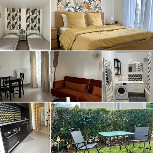 un collage de photos d'une chambre et d'un salon dans l'établissement 6Personne,10mn de disney,30mn de paris,parking, à Bussy-Saint-Georges