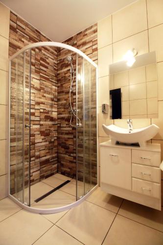 a bathroom with a shower and a sink at Arhivelor Studios in Sibiu