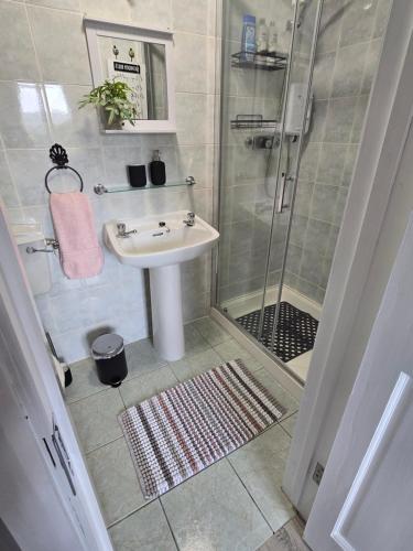 a bathroom with a sink and a shower at Abbey Lodge - Room 1 in Ardara