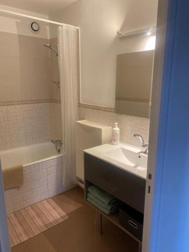 une salle de bain avec un lavabo, une baignoire et un miroir dans l'établissement Bienvenue chez Virginie, à Pontorson