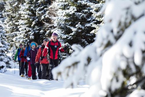 a group of people cross country skiing in the snow at Hotel Jägerhof in San Leonardo in Passiria