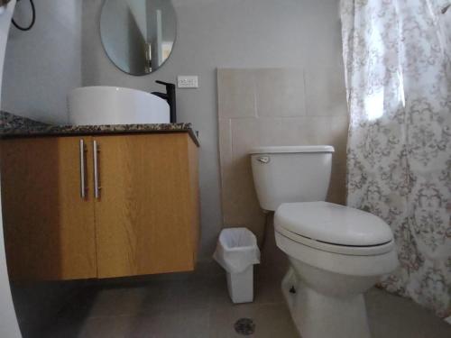 a bathroom with a toilet and a sink and a mirror at Boquete Orange Country 2 in Los Naranjos