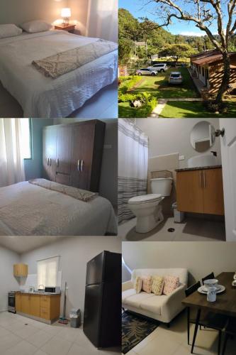 a collage of four pictures of a bedroom and a bathroom at Boquete Orange Country 2 in Los Naranjos