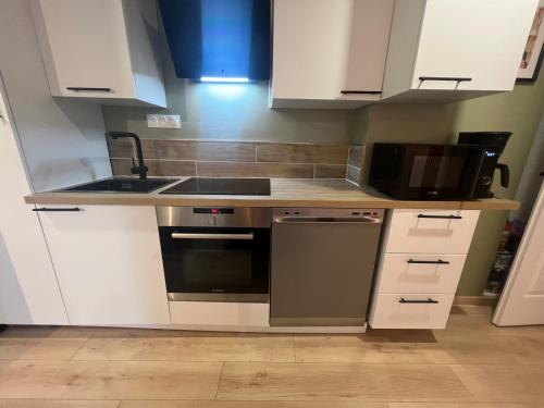 une cuisine avec des armoires blanches, un évier et un micro-ondes dans l'établissement Appartement Près de Paris, Disney & CDG, à Tremblay-en-France