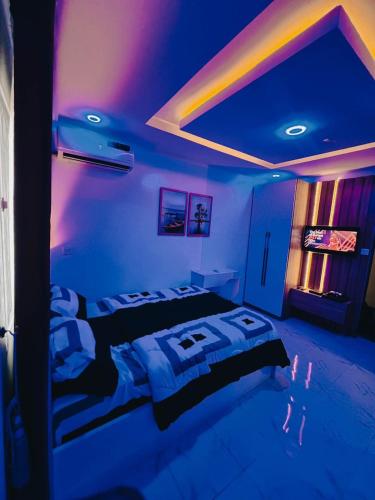 Cozy Studio Apartment, 24hrs light, Netflix, PS in Surulere, Lagos في لاغوس: غرفة نوم بسريرين في غرفة ذات اضاءة ارجوانية
