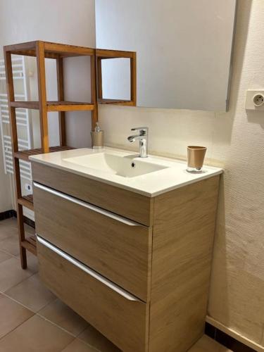 une salle de bain avec un lavabo et un miroir dans l'établissement Gîte climatisé proche lac et Mer avec accès jacuzzi en sus, à Vauvert