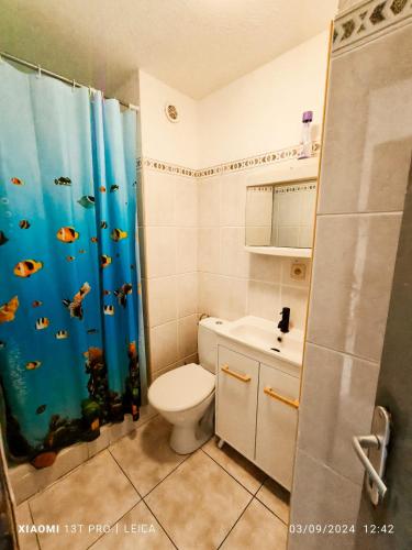 La salle de bains est pourvue de toilettes et d'un rideau de douche bleu. dans l'établissement Appartement cosy 36m2 face à la mer, à Sainte-Marie-Plage