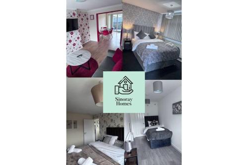 a collage of three pictures of a bedroom at Luxury Home in Luton - Near L&D Hospital - FREE Netflix & Wifi- FREE Parking in Lewsey