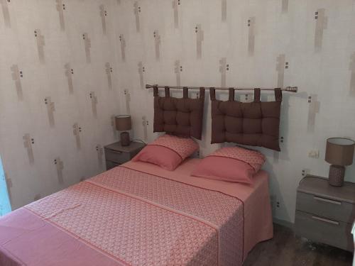 - une chambre avec un lit rose et 2 oreillers roses dans l'établissement petit gite l'ecotay, à Tennie