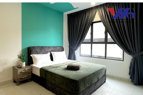 a bedroom with a bed and a large window at Alanis Suite With Netflix @ KLIA Sepang in Sepang