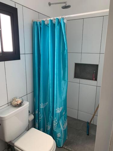 a blue shower curtain in a bathroom with a toilet at Angelina in Posadas