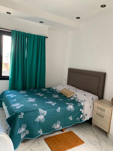 a bedroom with a bed with a green comforter at Angelina in Posadas