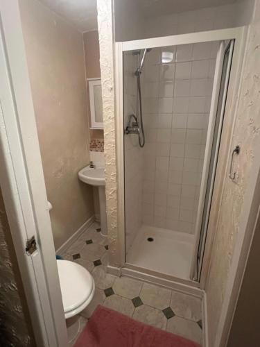a bathroom with a shower and a toilet at The Stage Door Hotel in Blackpool