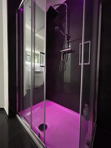 a glass shower with a pink floor in a bathroom at Dimora al Centro in Cosenza