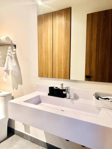 a bathroom with a white sink and a mirror at Departamento a unos pasos de reforma y centro histórico in Mexico City