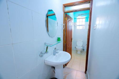 a bathroom with a sink and a mirror and a toilet at MERU MODERN LIVING BNB 1 AND 2 BEDROOMS in Meru