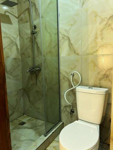 a bathroom with a toilet and a glass shower at 1 bedroom, 24hrs light, Netflix, Swimming pool in MIJL, Salem, Ikate in Lagos
