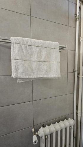 - une serviette suspendue à un porte-serviettes dans la salle de bains dans l'établissement Studio lumineux avec parking privé, à Cagnes-sur-Mer