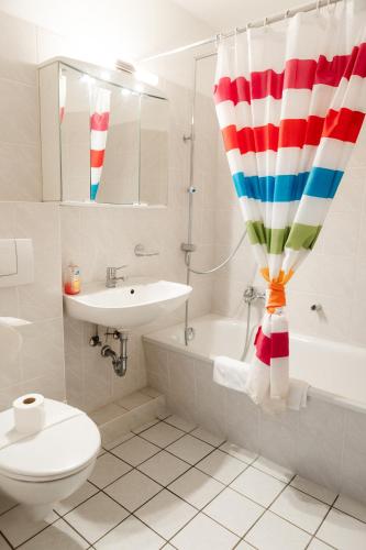 a bathroom with a red white and blue shower curtain at Morgenrot Lodge, im Harz, mit Schwimmbad und Sauna in Braunlage