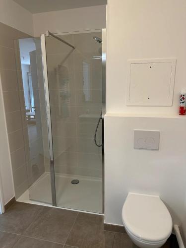 une salle de bain avec douche et toilettes dans l'établissement Appartement neuf proche de Orly, à Chevilly-Larue