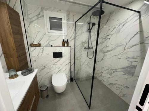 a bathroom with a shower and a toilet at Vidanova 1 in Vilanova i la Geltrú