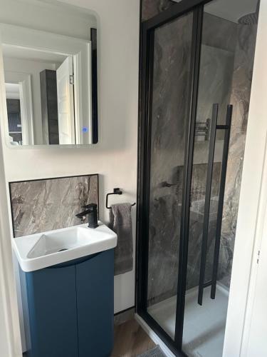 a bathroom with a sink and a shower at Rathmore House in Ballymena