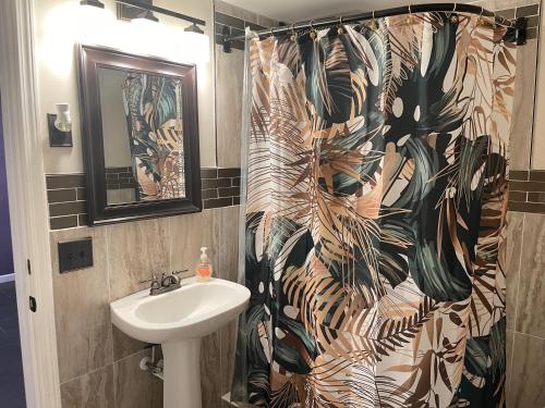 a bathroom with a shower curtain with a sink at Maxine Manor in Douglasville