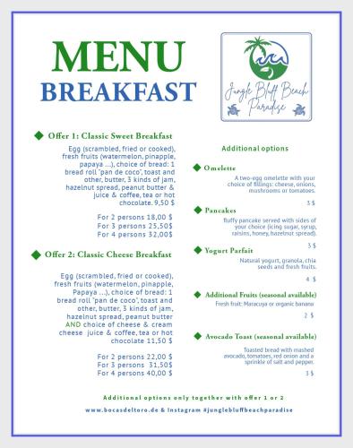 a menu for a mexican breakfast restaurant at Jungle Bluff Beach Paradise - Jungle House in Bocas del Toro