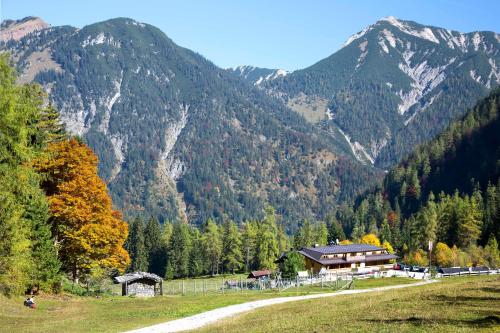 a house in a field with mountains in the background at Alpengasthof Gern Alm in Pertisau