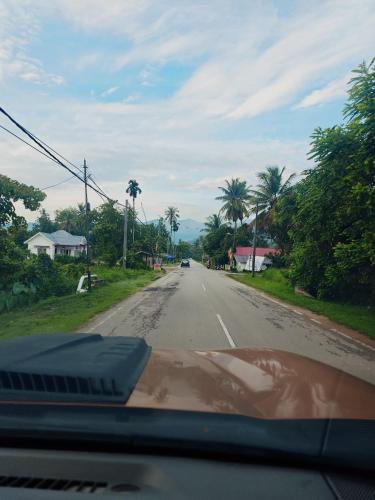 a car driving down a road with palm trees at Homestay Bendang Becah in Baling