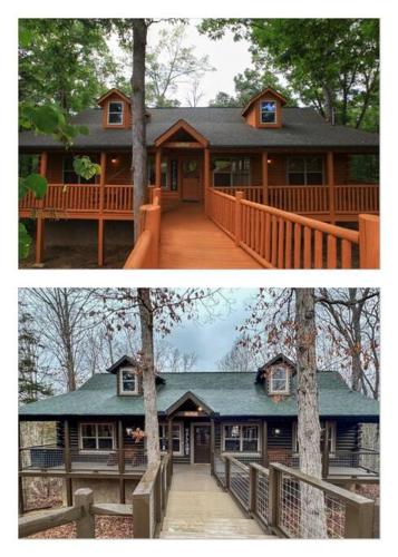 two pictures of a house with a tree at Moon Willow - one level cabin with 2 master suites in Walnut Grove