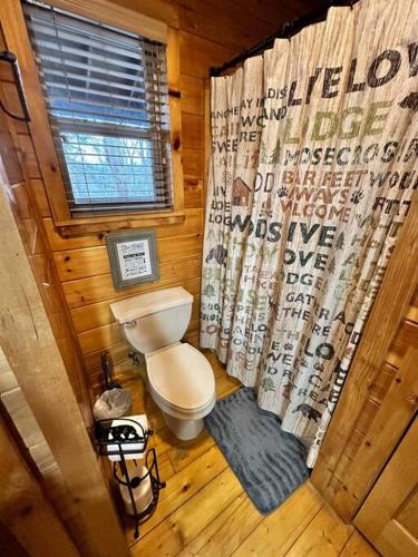 a bathroom with a toilet and a shower curtain at Moon Willow - one level cabin with 2 master suites in Walnut Grove