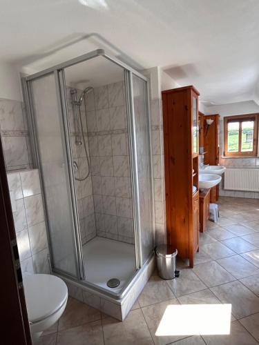 クロルト・ゴーリッシュにあるFerienwohnung Gesindestube Bauernhaus Vetterのバスルーム(シャワー、洗面台2台、トイレ付)