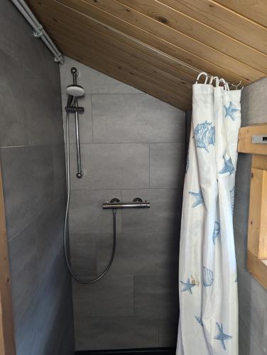 a shower with a shower curtain in a bathroom at The Bee - Trekkershuts & Apartment in Opperdoes