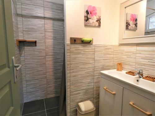 a bathroom with a shower and a sink at Le gite d'antoine in Saint-Julien-en-Born