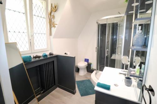 une salle de bain avec une douche, un lavabo et des toilettes dans l'établissement 2eme étage privé de notre maison-Accès au jardin-Smart tv-Streaming-Wifi, au Mans