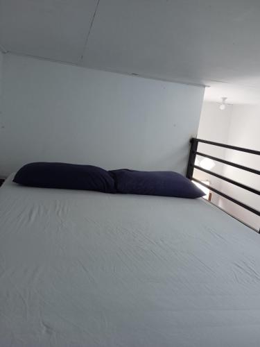 a bedroom with a white bed with blue pillows at Tiny House Idaman K T dengan Aircond dan Privasi Penuh 1 Bilik Air in Kuala Terengganu