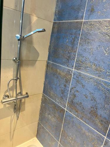 La salle de bains est pourvue d'une douche et de carrelage bleu. dans l'établissement Appartement spacieux 3 chambre, à Toulon