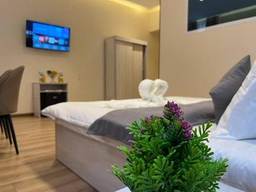 a bedroom with two beds and a plant with a tv at AKS Hotel in Tashkent