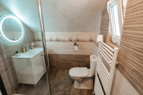 a small bathroom with a toilet and a sink at Hotel Casa Blanca in Tulgheş